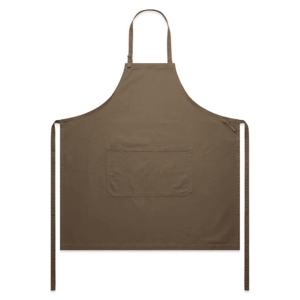A brown canvas apron featuring a front pocket and adjustable ties at the neck and sides.