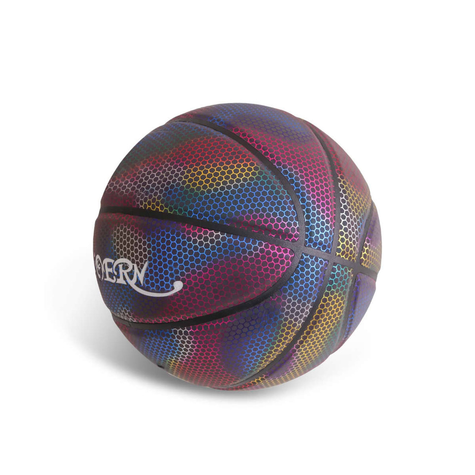 A holographic basketball featuring vibrant shades of purple, blue, red, and green, with a logo on its surface.
