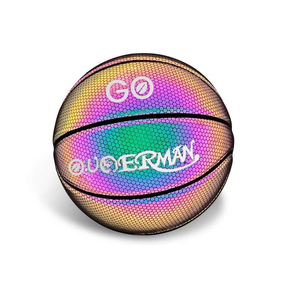 A holographic basketball displaying vibrant colours, featuring a mesh pattern and a logo.
