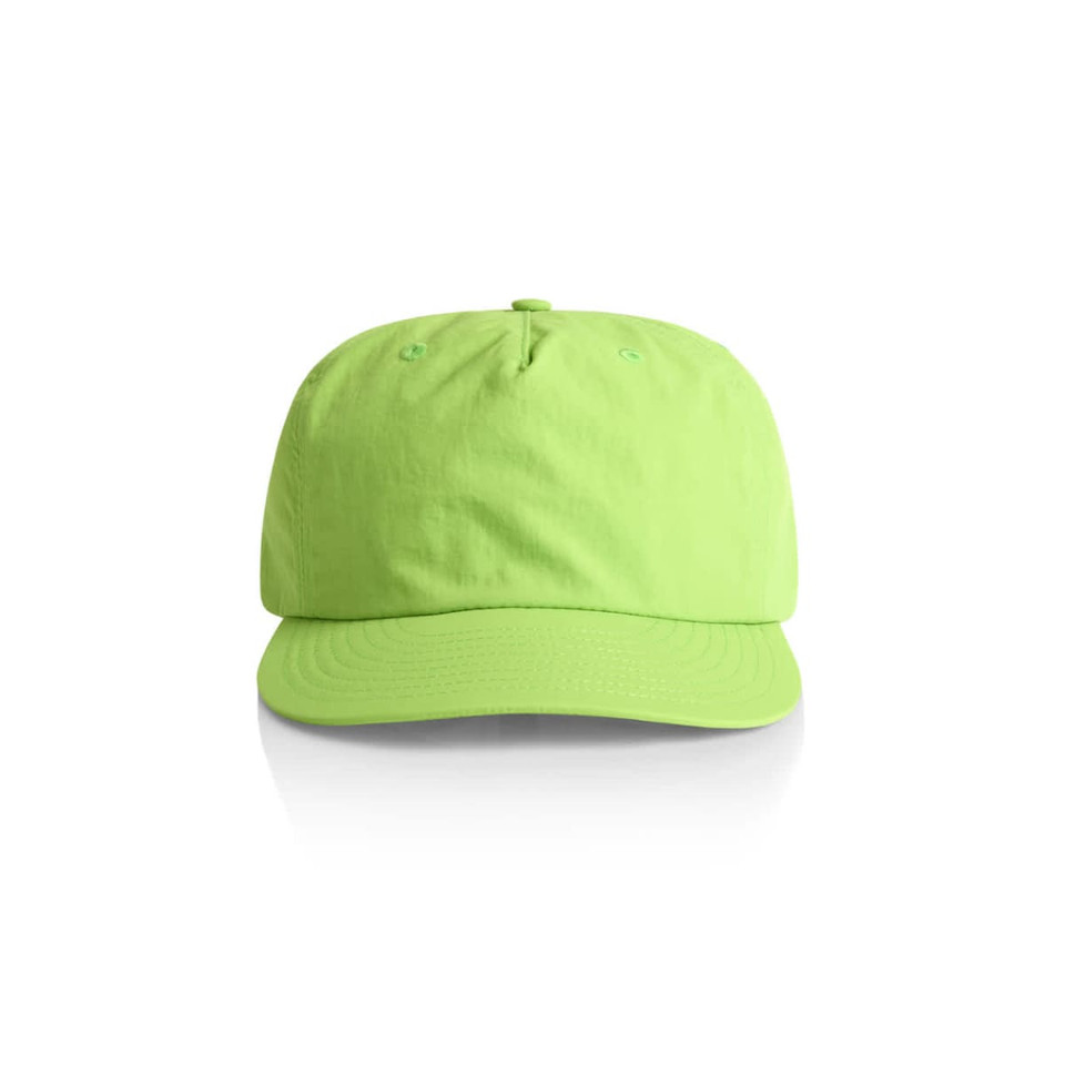A bright green cap with a curved brim and a logo on the front.