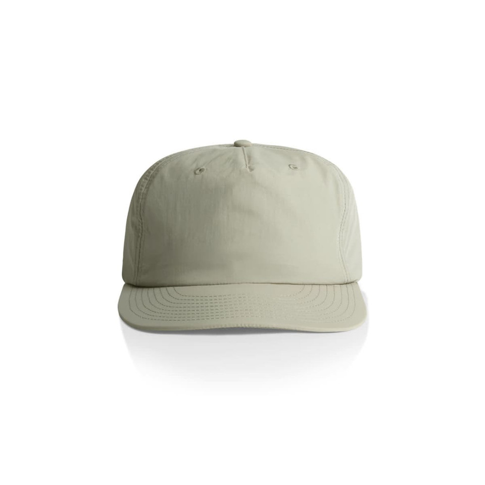 A light green cap with a structured crown and a curved brim, featuring a logo on the front.
