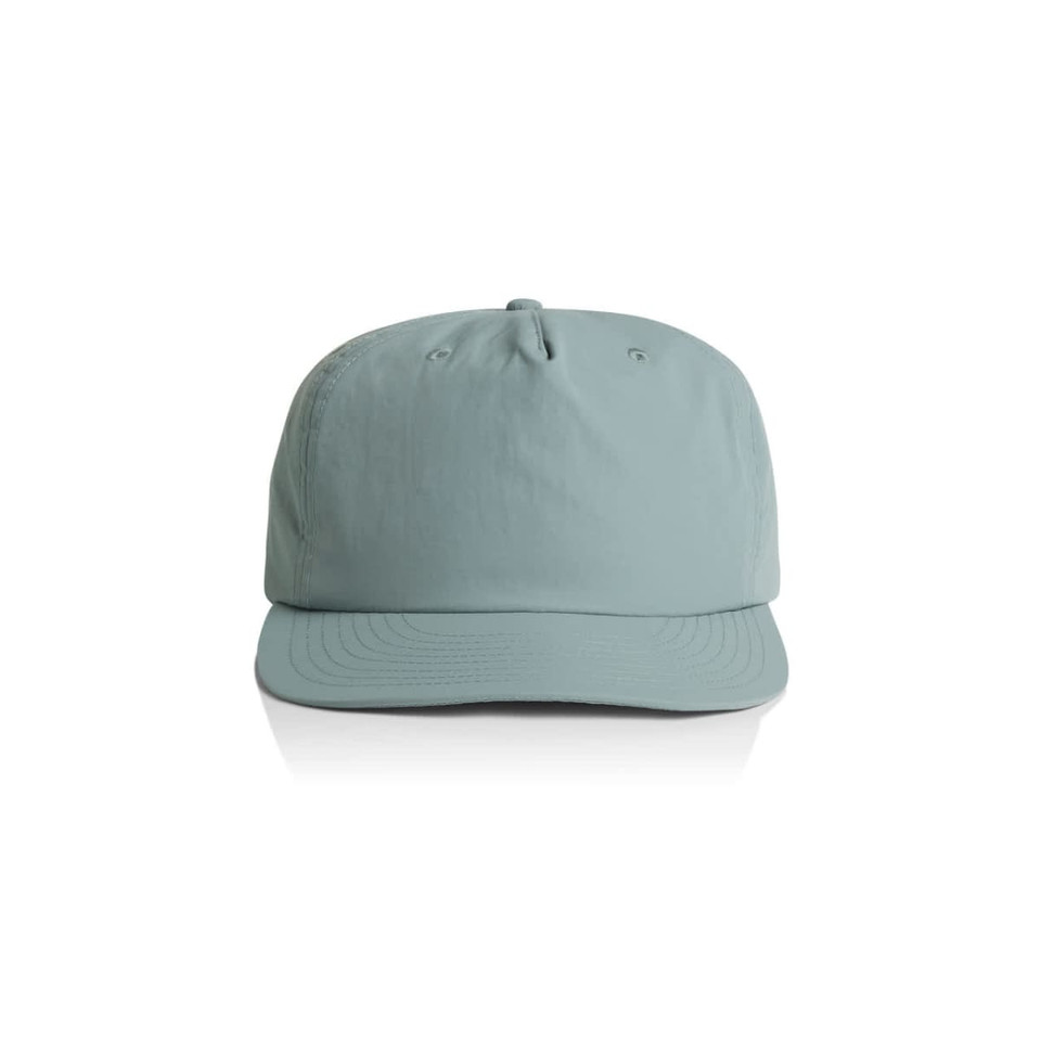 A light green cap featuring a structured design and a logo on the front. Suitable for headwear promotion.