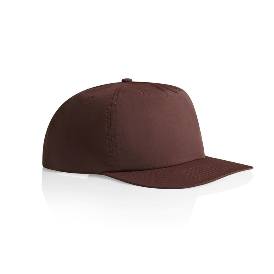 A brown cap with a flat brim and a structured design, featuring a logo on the front.