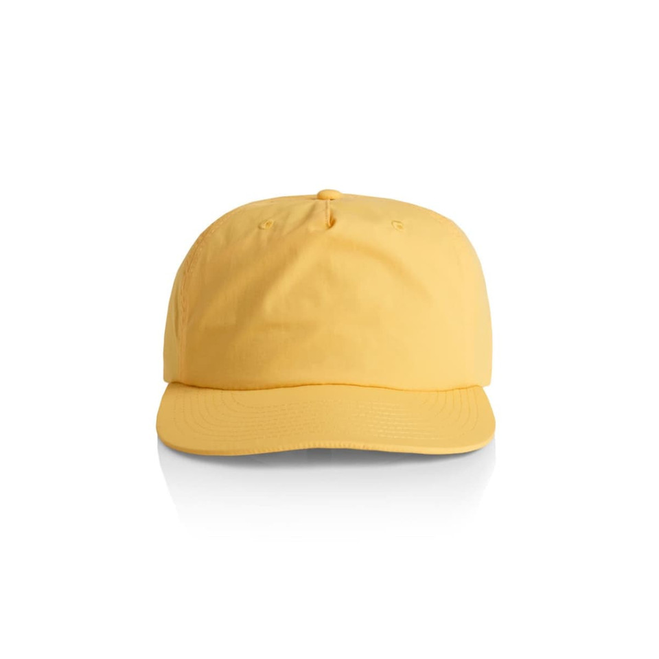 A yellow cap with a curved brim and a logo on the front, featuring a classic baseball cap design.