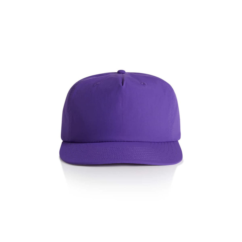 A purple cap featuring a structured front panel and a curved brim, with a logo on the side.