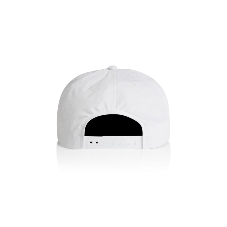A white cap with a flat brim and adjustable strap at the back, featuring a logo.
