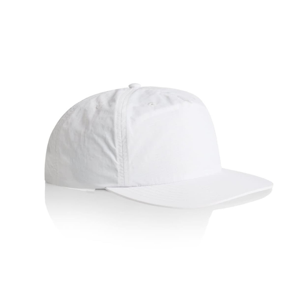A white Surf Cap featuring a structured design and a curved brim, with a small logo on the side.