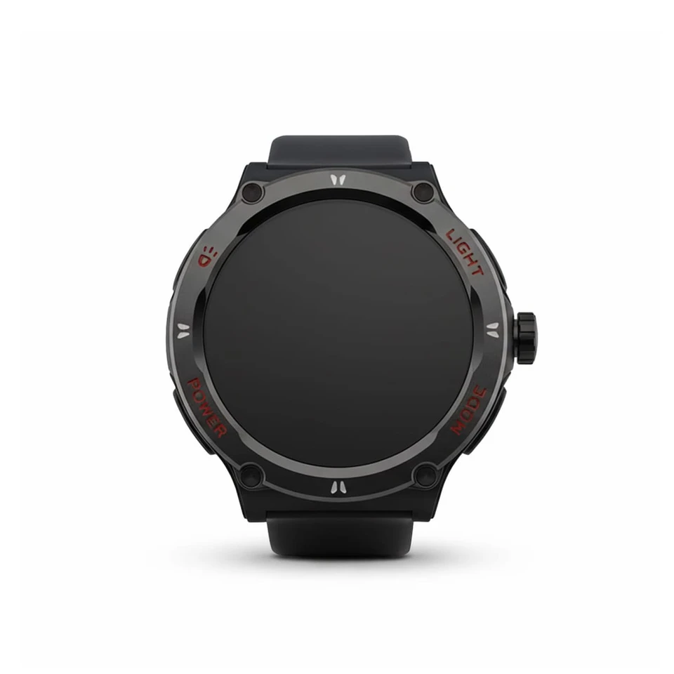 A black smartwatch with a round face, featuring a sleek design and various function buttons. It has a logo on the side.