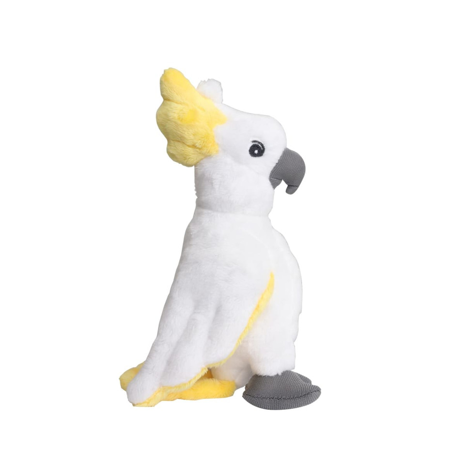 A white and yellow cockatoo plush toy with grey details and a small logo on its side.