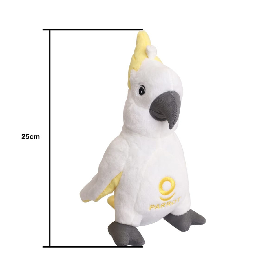 A plush cockatoo toy in white and yellow, approximately 25cm tall, featuring a grey beak and feet, with a logo.