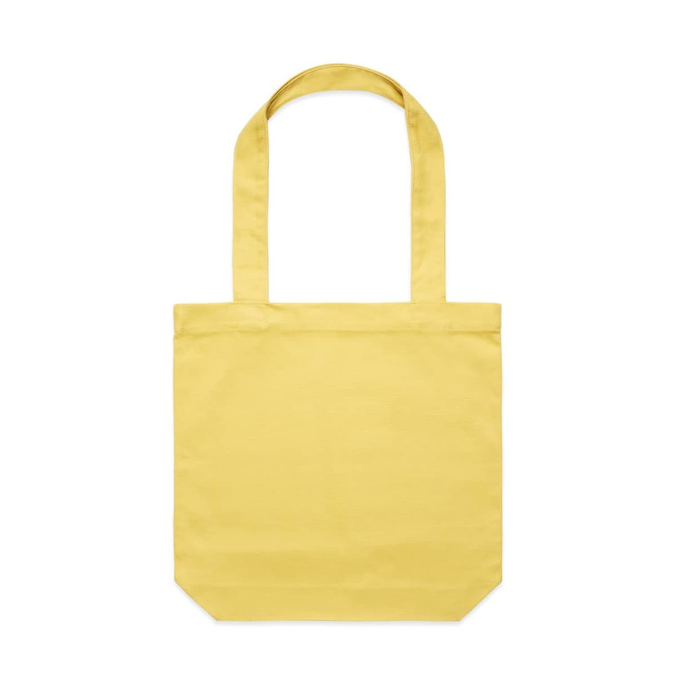 A yellow tote bag with two sturdy handles and a simple design. Features a branding logo.