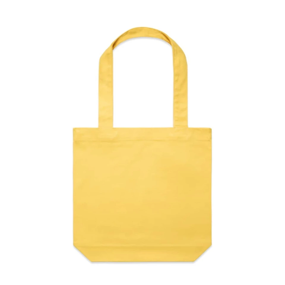A yellow tote bag with two handles and a plain design. It has a logo on one side.
