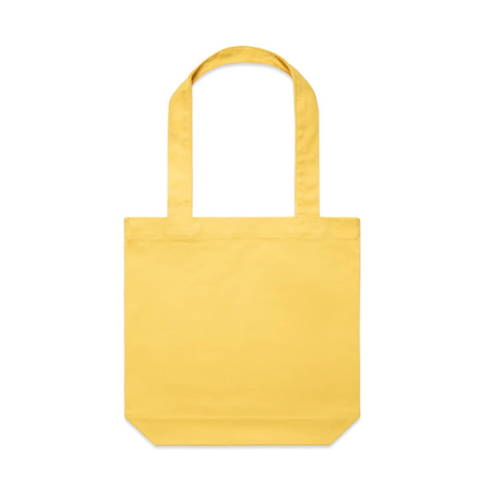 A yellow tote bag with two handles and a plain design. It has a logo on one side.