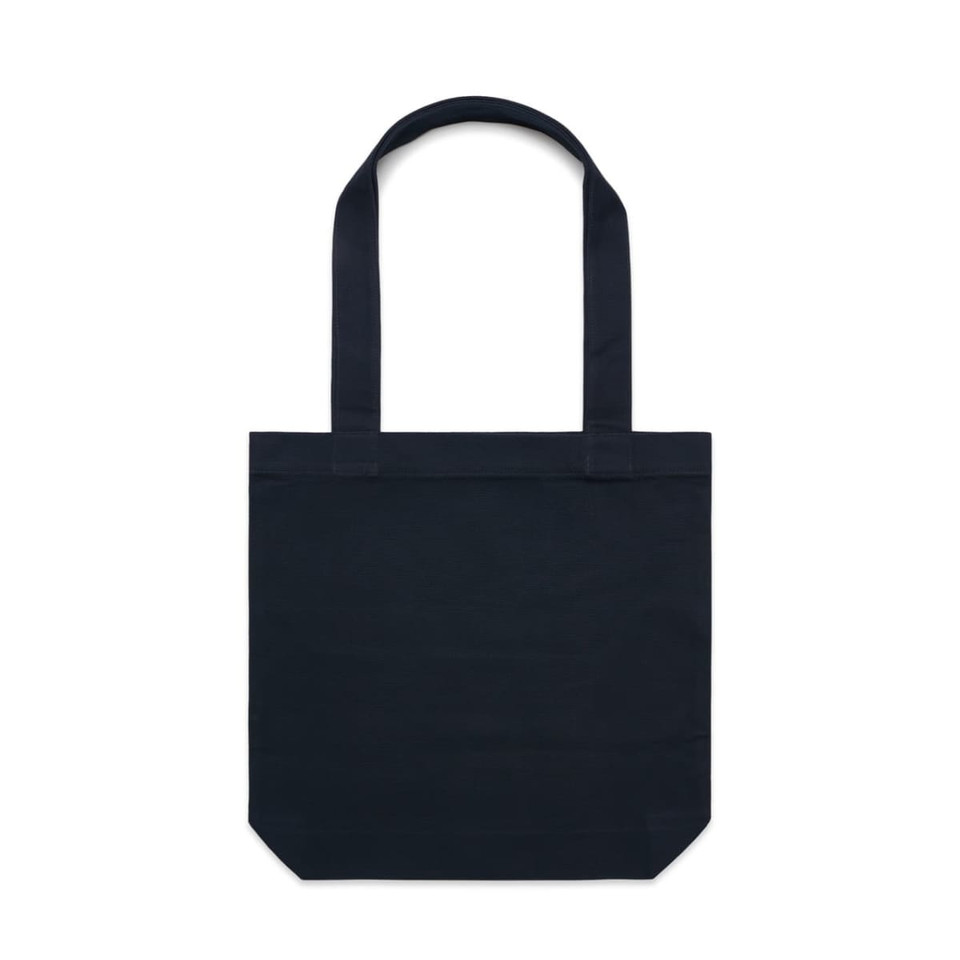 A dark navy tote bag with sturdy handles and a simple design, featuring a branded logo.