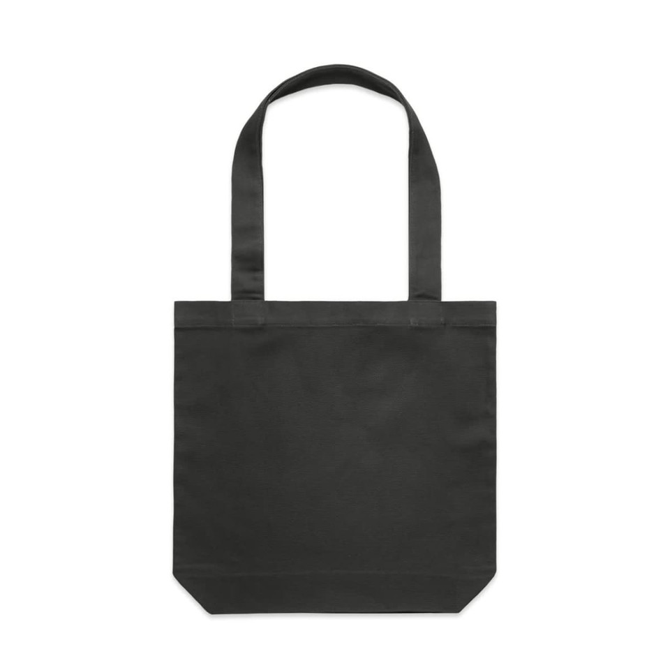 A black tote bag with long handles and a simple design. The bag features a branding label.