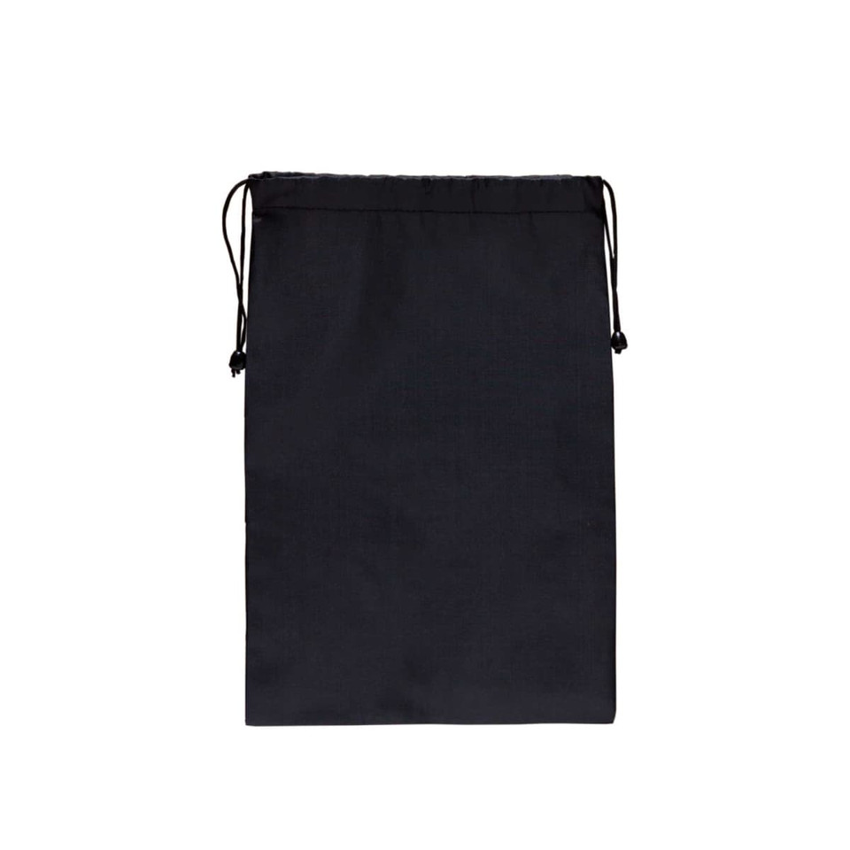 A black drawstring bag with a simple design and adjustable ties at the top.