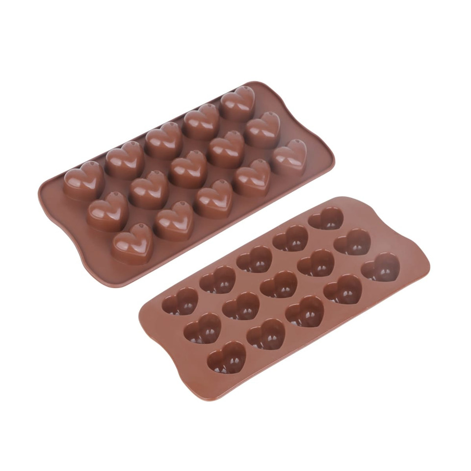 Two brown silicone moulded ice cube trays shaped like hearts, with multiple cavities for ice cubes.