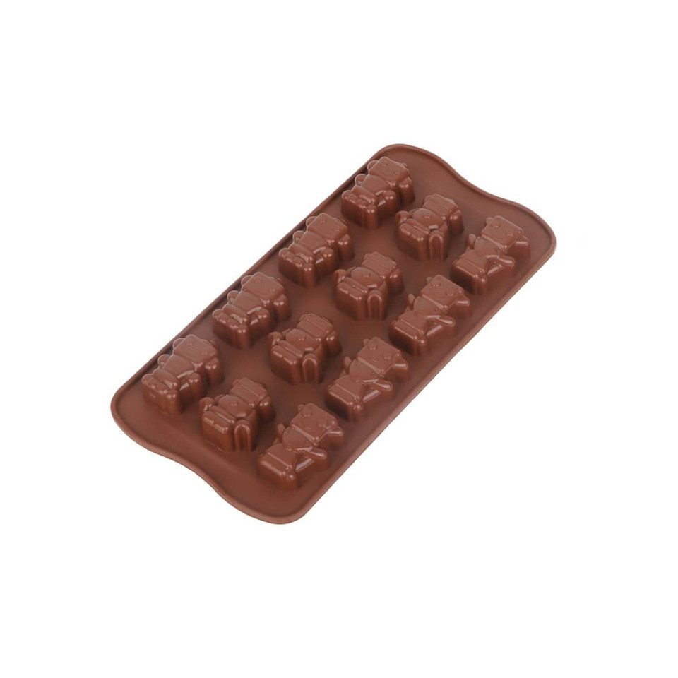 A brown silicone ice cube tray shaped like teddy bears, featuring 14 moulds for ice cubes.