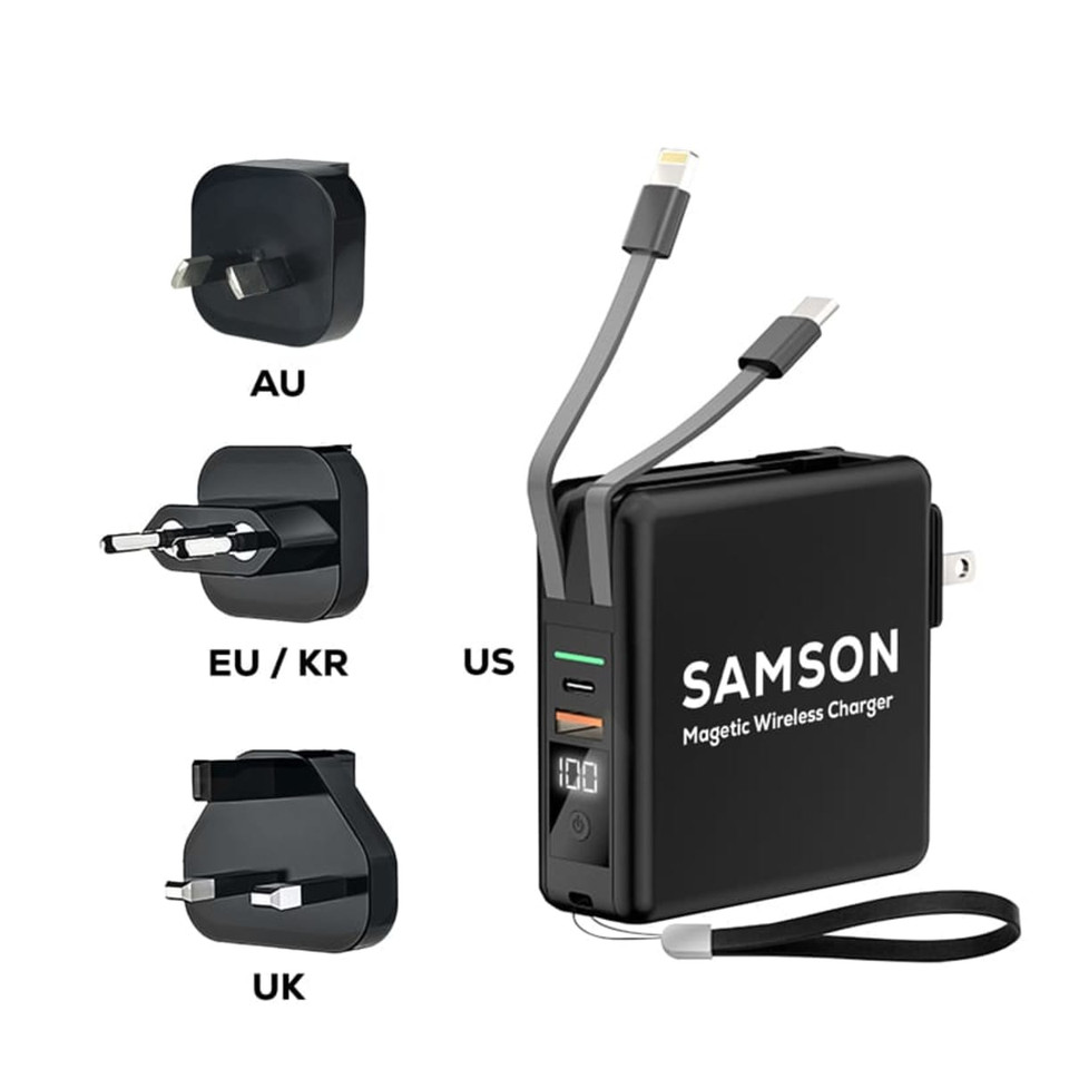 A black magnetic travel charger with interchangeable plugs for AU, EU/KR, and UK, featuring multiple charging cables.