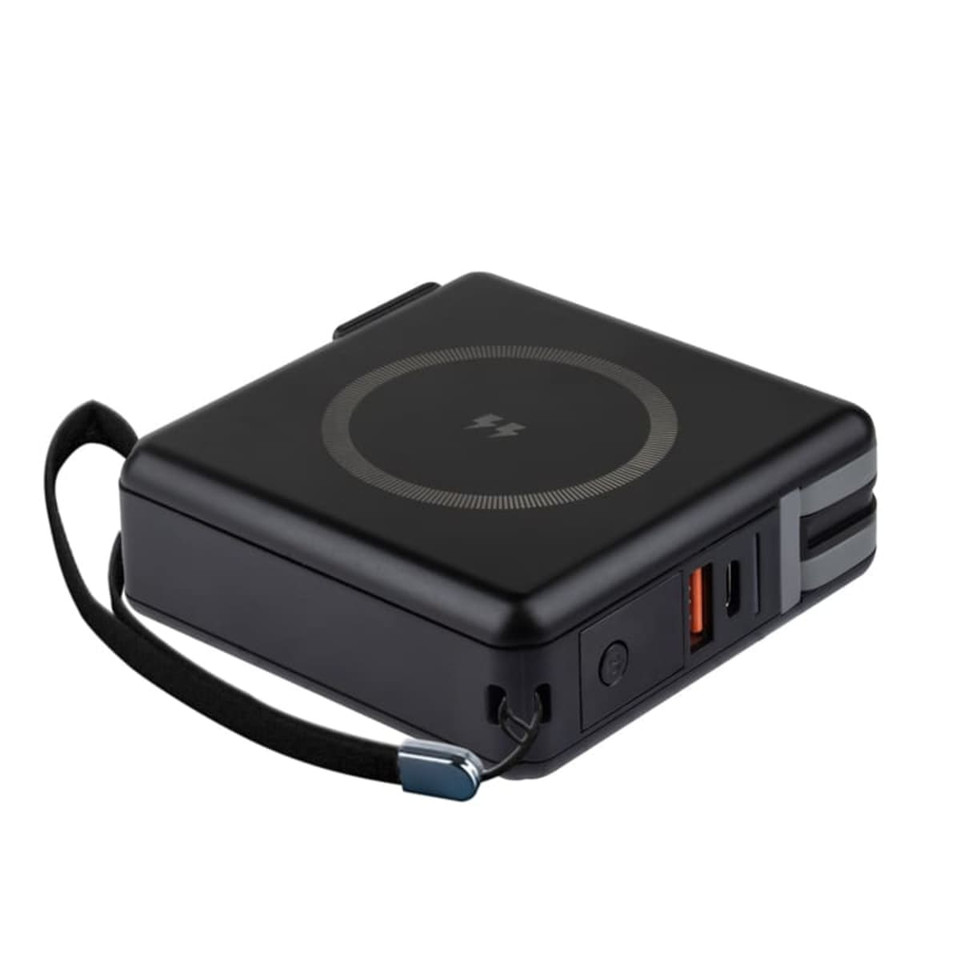 A compact black power bank with multiple ports and a carrying strap. It features a circular design and a logo.