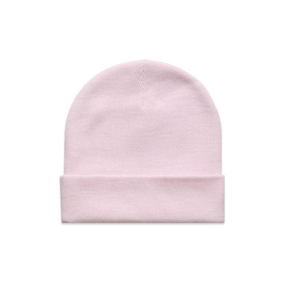 A light pink cuff beanie with a folded brim and a subtle logo.