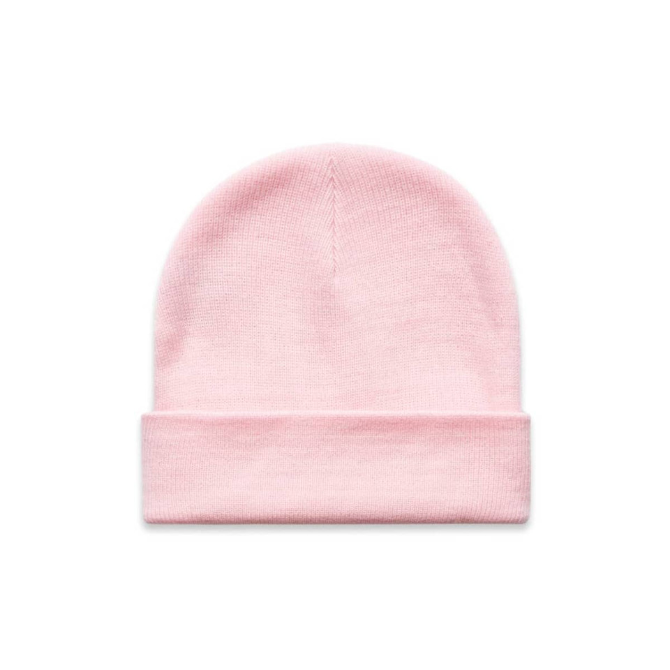 A pink Cuff Beanie with a folded cuff and a smooth texture. Features a subtle logo.