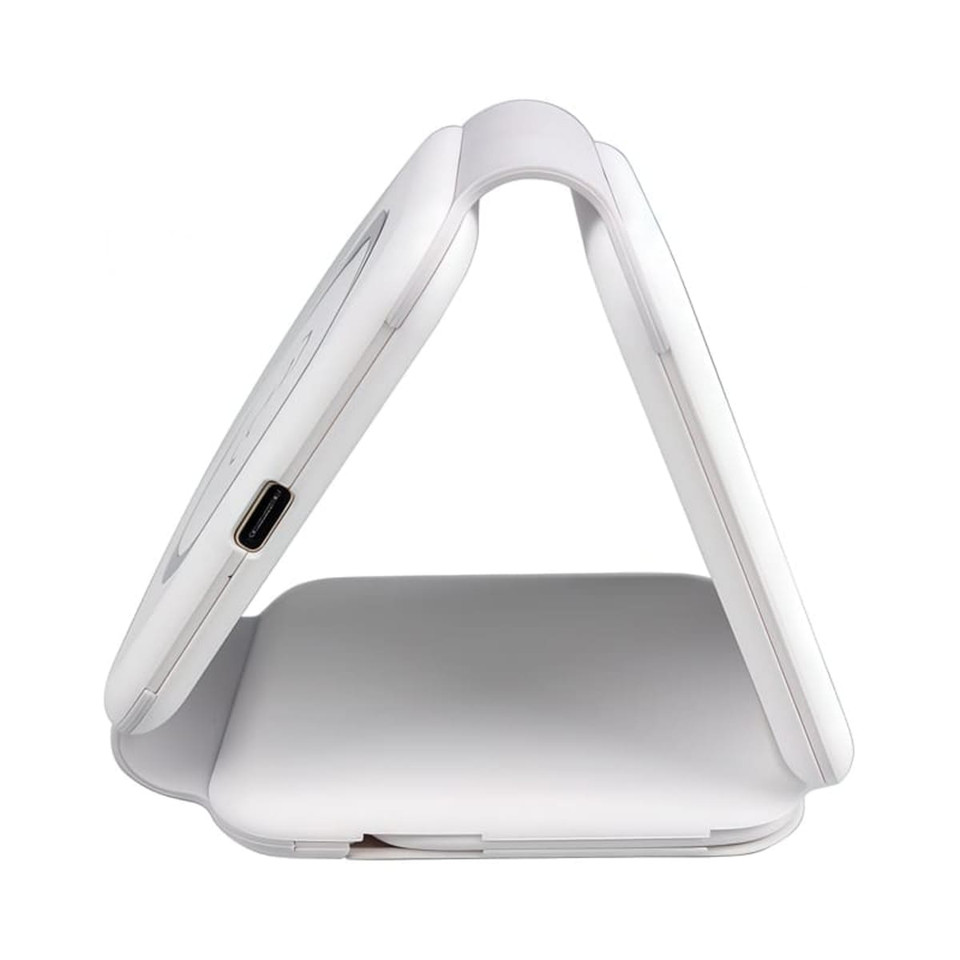 A white magnetic wireless charging kit with an angled design, featuring a USB-C port and a logo.