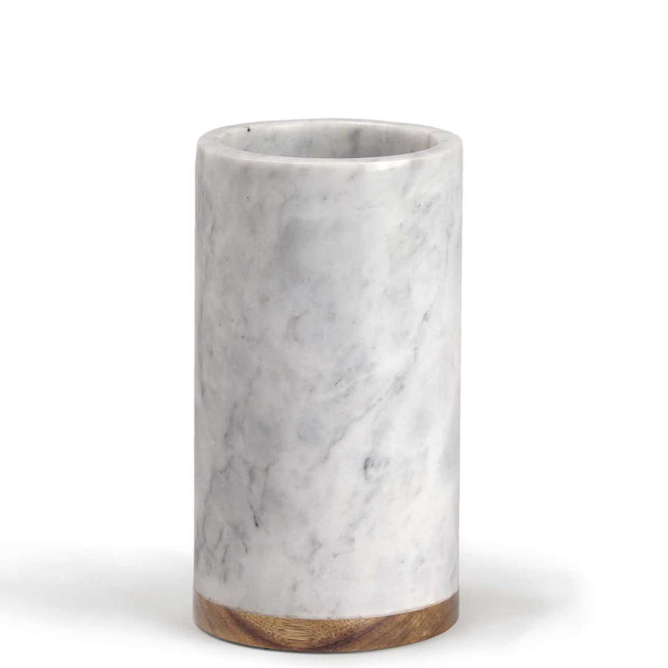 A drink bottle cooler made of white marble with a wooden base, featuring a smooth, polished finish.