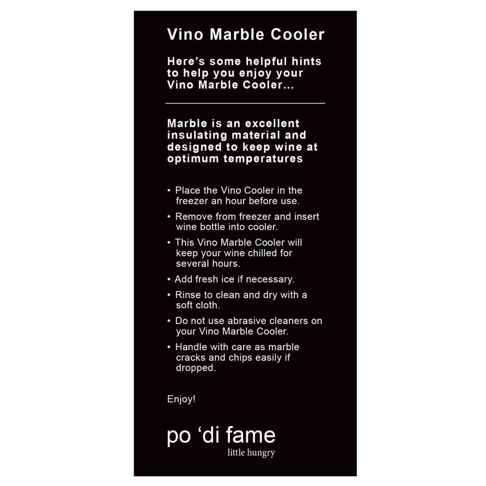 A Vino Marble Cooler in a marble design, featuring a logo, with instructions for use and care.