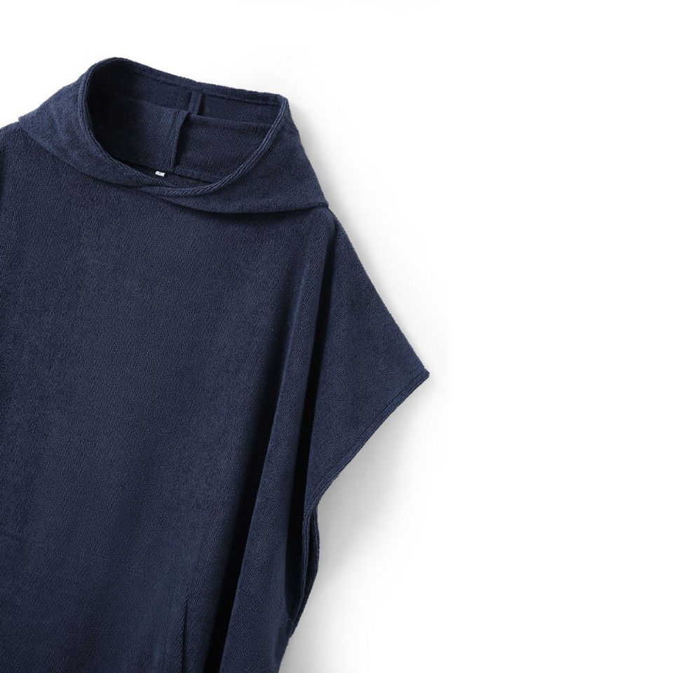 Navy blue terry cloth hooded towel poncho for adults.