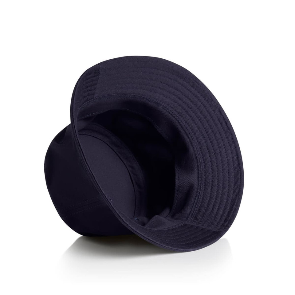 A navy bucket hat with a wide brim and an inner lining, featuring a logo inside.
