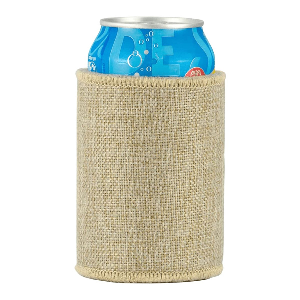 A jute stubby holder in natural beige colour, designed to fit a can, featuring a simple, textured appearance.