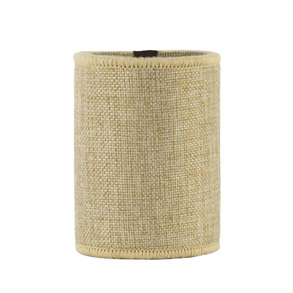 A jute stubby holder in a natural beige colour, featuring a simple design and a logo.