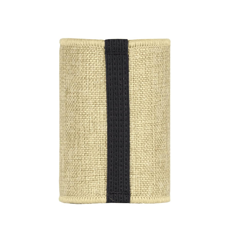 A jute stubby holder in natural beige with a black band, featuring a logo. Ideal for keeping drinks cold.