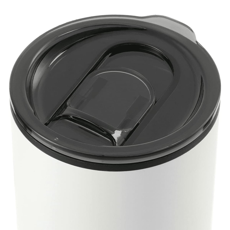 A drink bottle featuring a white body and a black lid, with a straw opening and a logo.