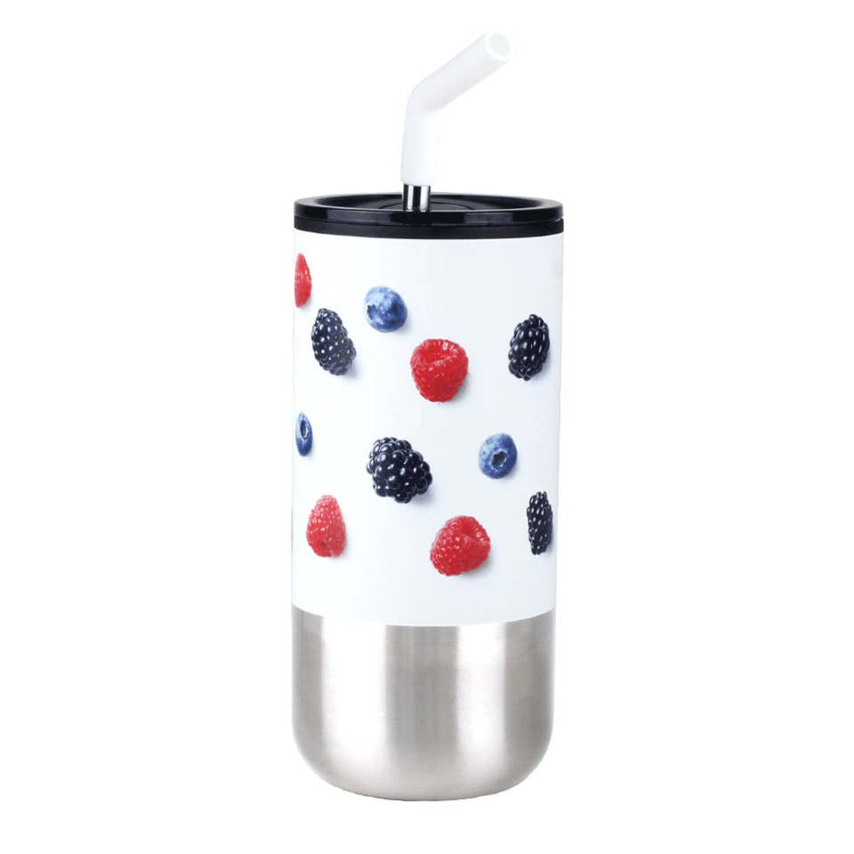 A drink bottle featuring a white body with berries and a stainless steel base, complete with a black lid and straw.
