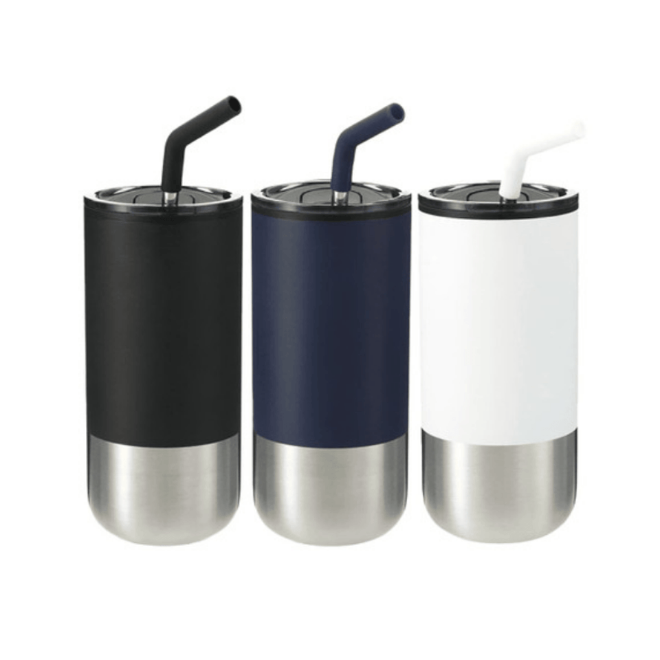 A drink bottle set featuring three tumblers in black, navy blue, and white with stainless steel bottoms and straws.