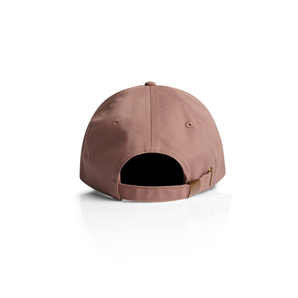 A brown cap with a curved brim and an adjustable strap at the back, featuring a logo.