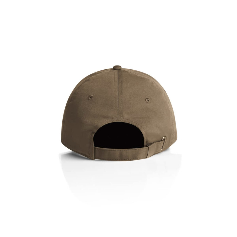 A brown cap featuring an adjustable strap and a ventilated back. Includes a logo on the side.