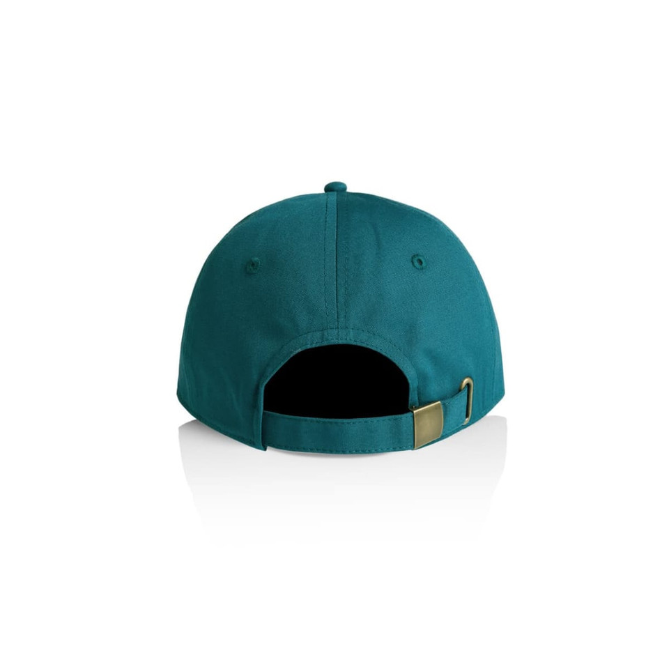 A teal cap featuring a strap and buckle at the back, with a logo present.