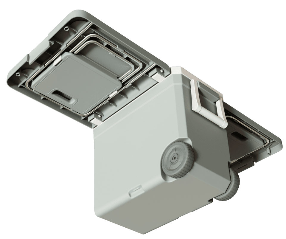A grey cooler box with wheels, featuring a foldable table and chair. It has an integrated handle and a logo.