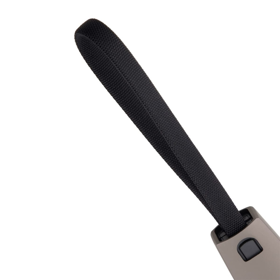 A black fabric strap attached to a grey carabiner, featuring a small button mechanism. The product has branding.