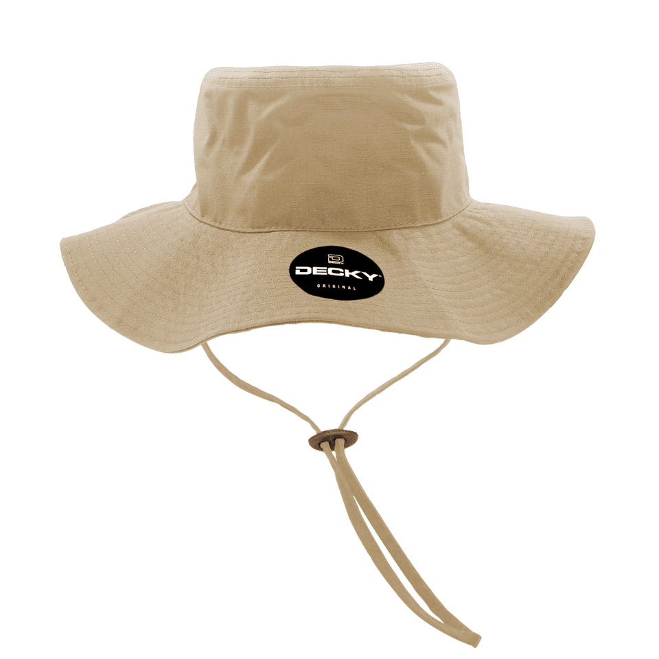 A beige structured bucket hat featuring a chin strap and a branding logo.