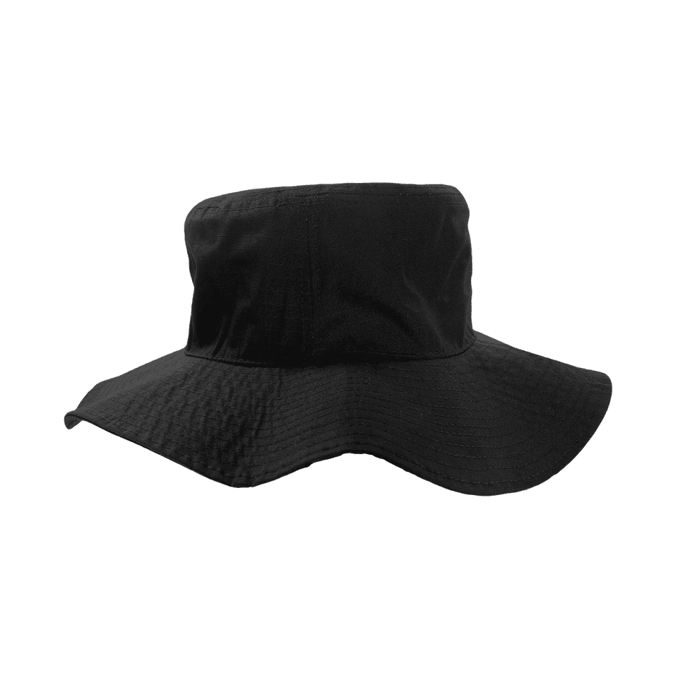 A black bucket hat with a wide brim, featuring a textured fabric and a logo on the side.