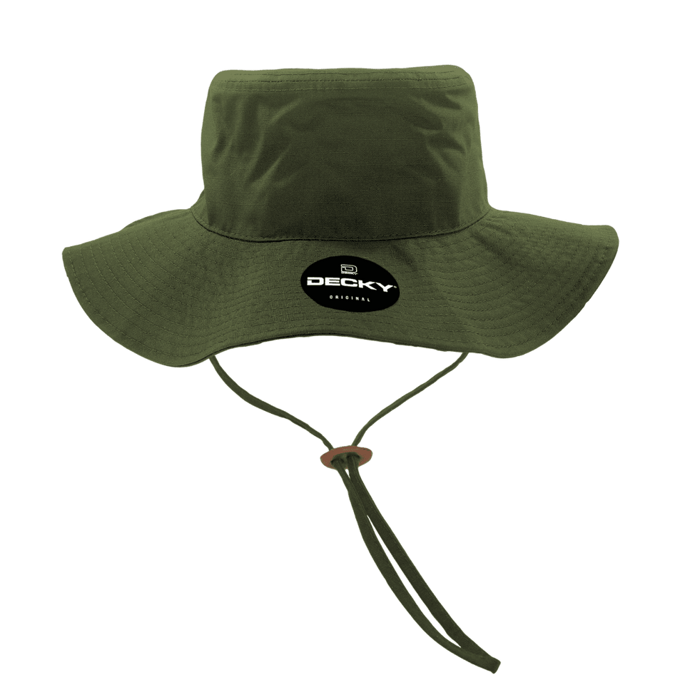 A green bucket hat with a logo, featuring a wide brim and adjustable chin strap.