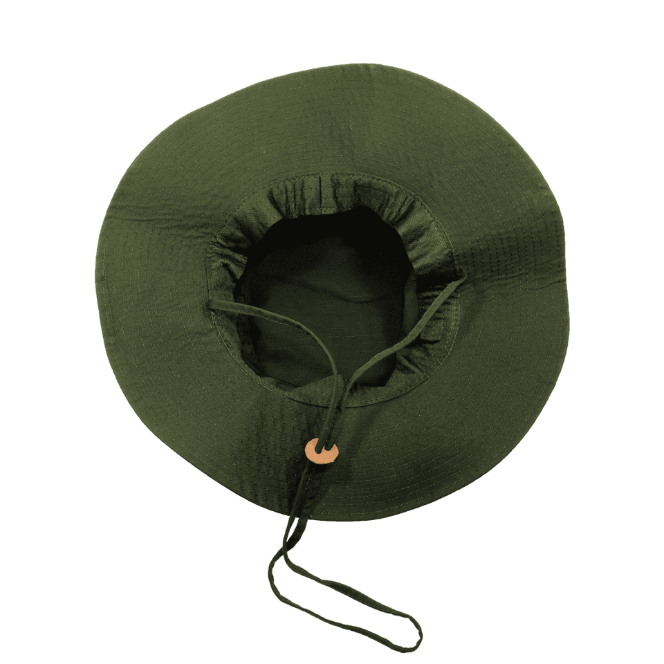A structured green hat with a drawstring, featuring an inner lining. It also has a logo.