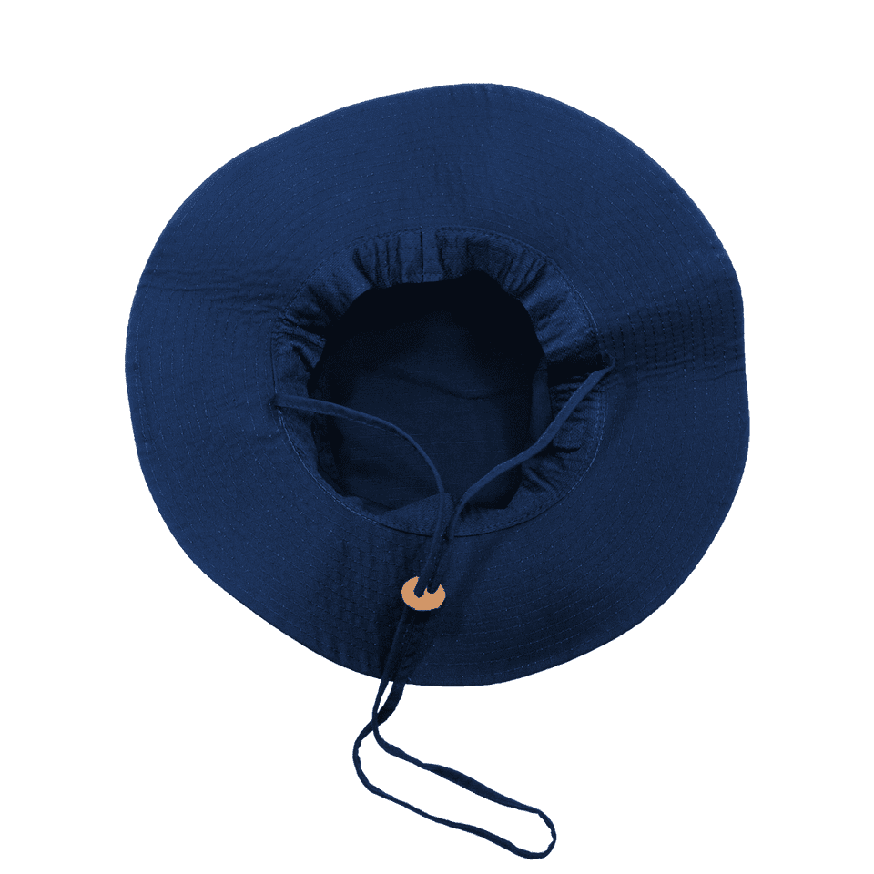 A structured navy blue hat featuring a drawstring and a round, shallow crown design. The hat has a logo.