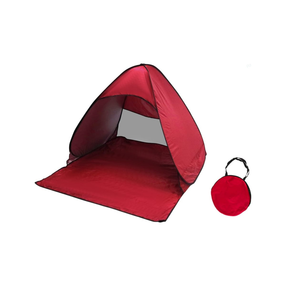 A red pop-up beach tent featuring a spacious interior and a matching carry bag.
