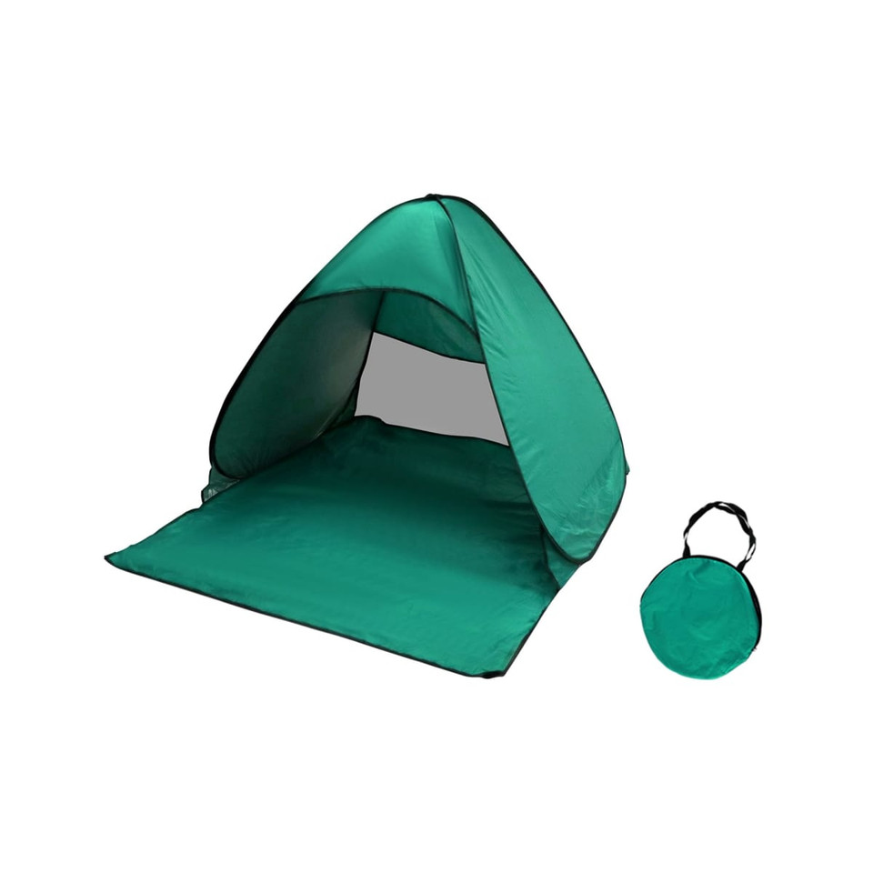 A green pop-up beach tent with a black trim, featuring a foldable design for easy storage.