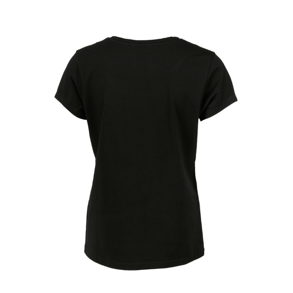 A black women's t-shirt with short sleeves and a rounded neckline, featuring a logo on the side.
